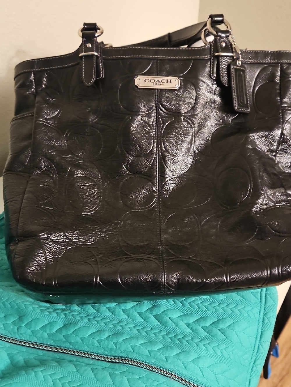 Coach Black Embossed Leather Tote with Silver Hardware